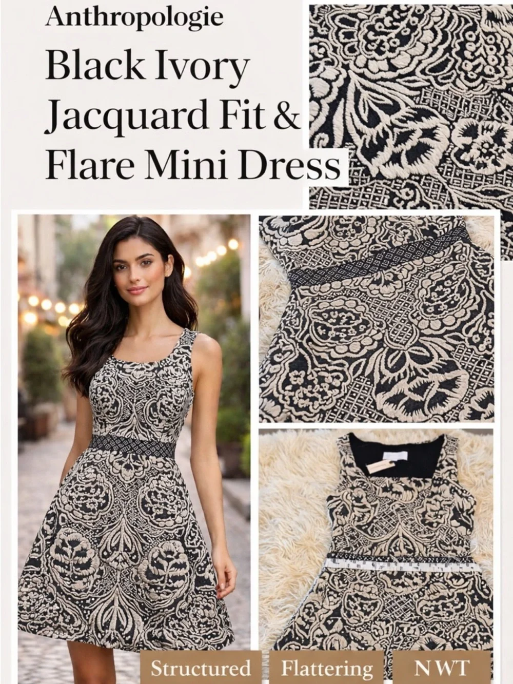 Anthropologie Black Ivory Jacquard Dress Size S Structured Fit & Flare NWT - Picture 2 of 13